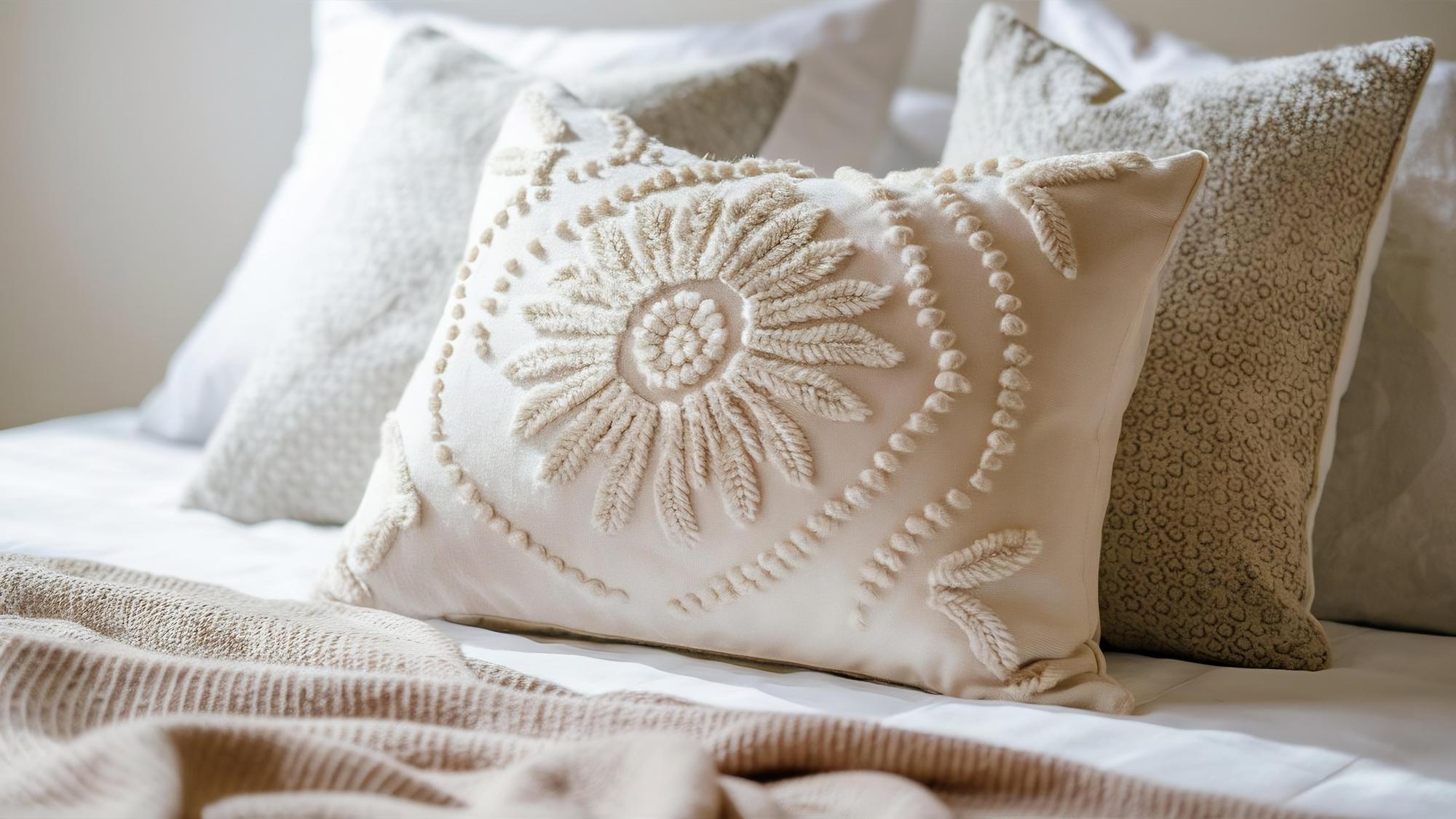 linen cushion with hand-embroidered motif