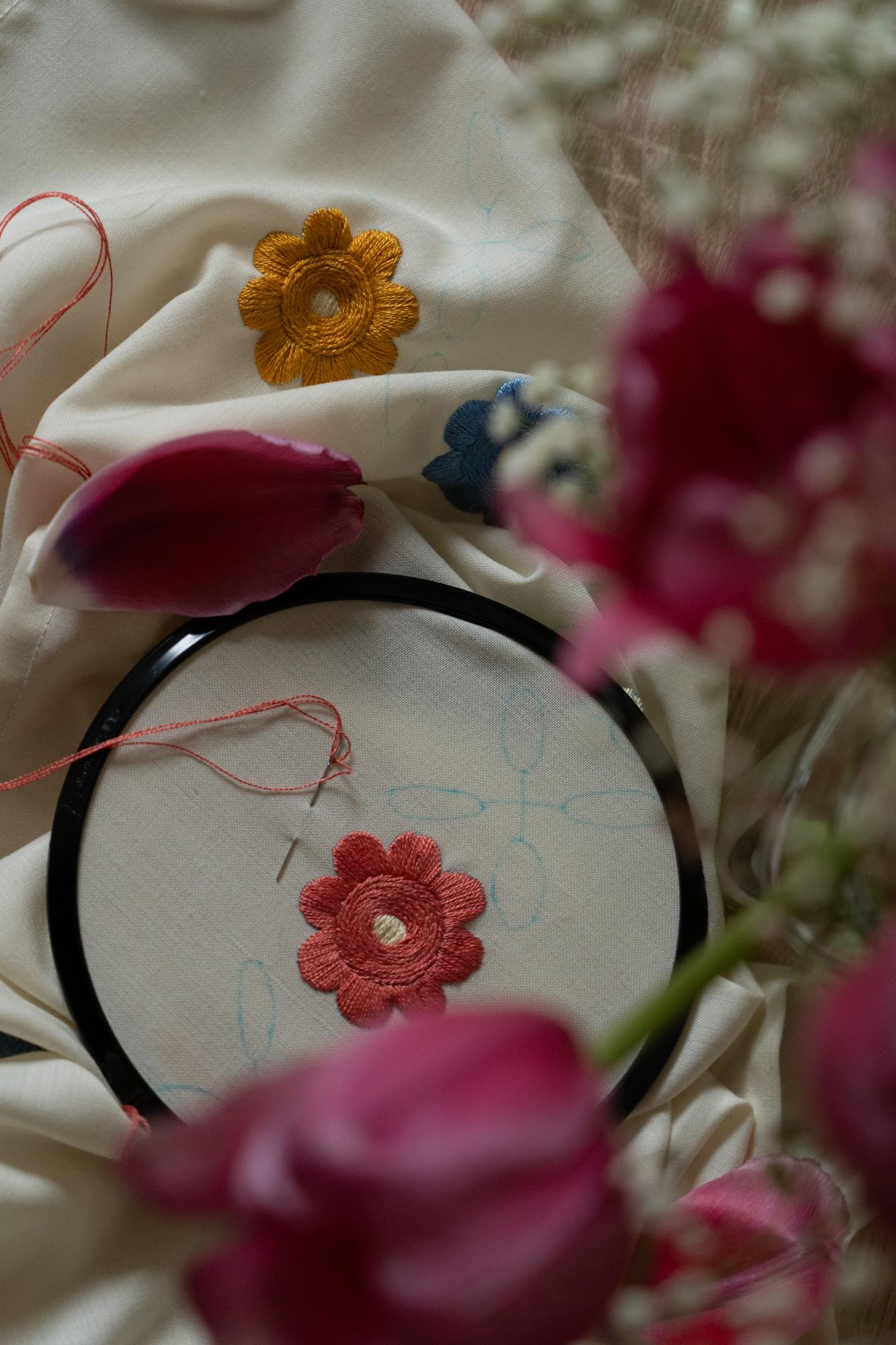 close-up of satin stitch floral detail