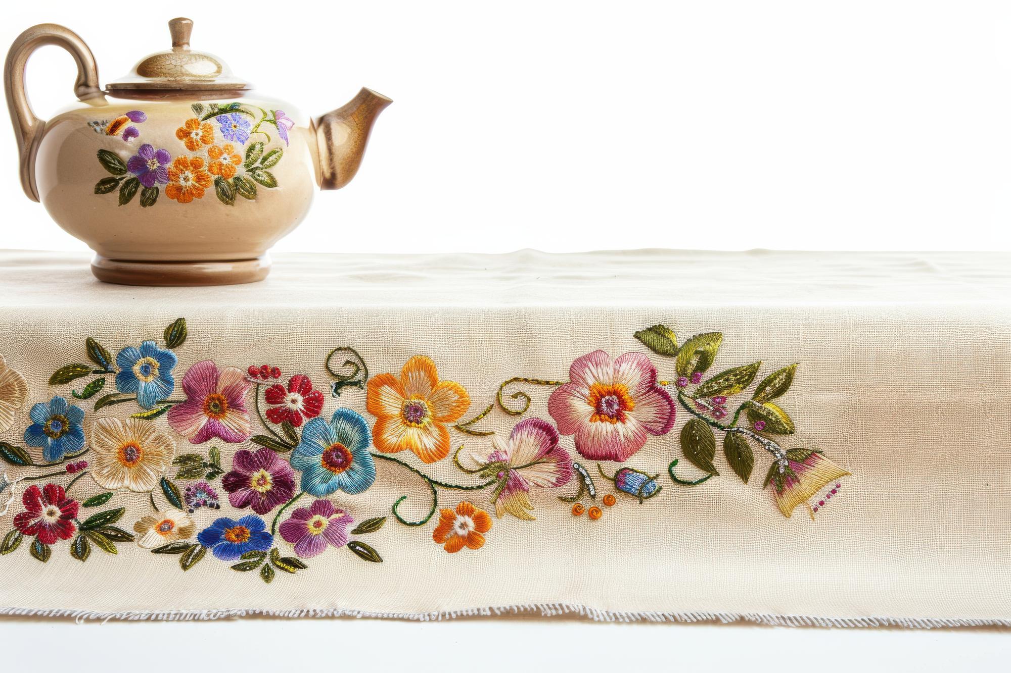 embroidered table runner on oak table
